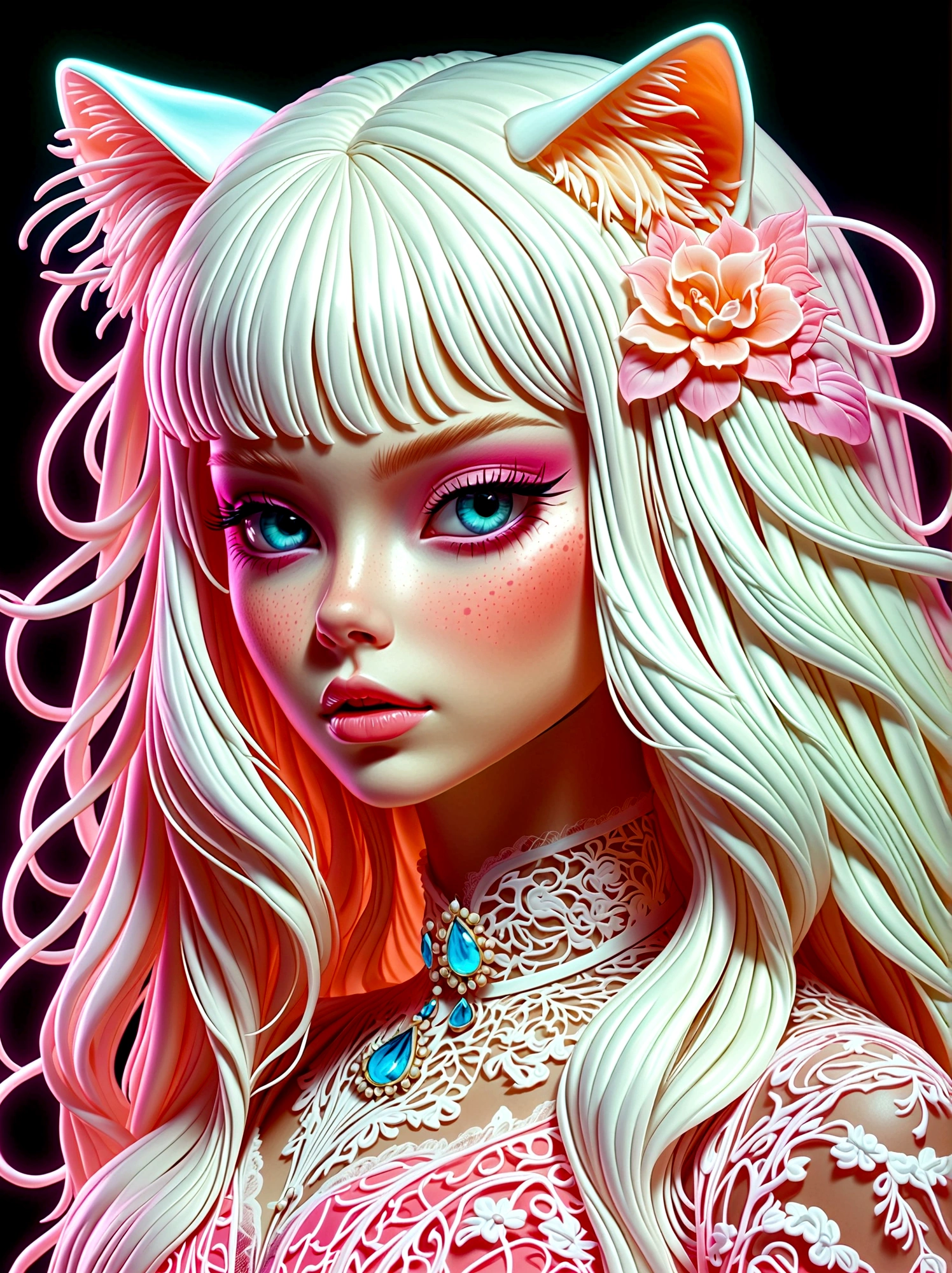 Neon, 发光的Neon玻璃制成，Transparent Materials，Gloss，Refraction Details，Albino cat，Longbearded jellyfish on the head，Long hair doll，Plastic lace long skirt，Renaissance，Baroque，Psychedelic，romantic，neon palette, pale color, 1nhdg1