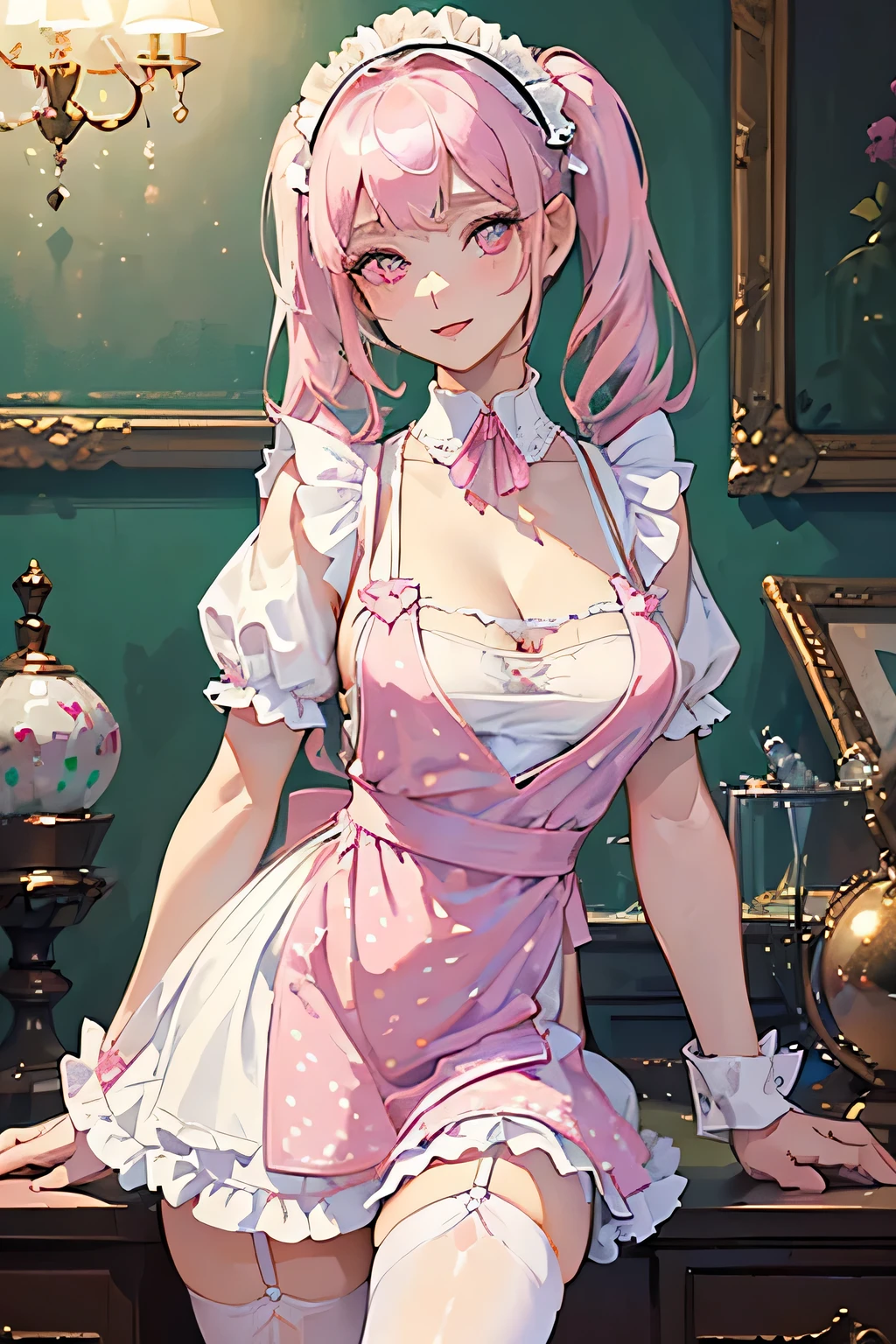 masterpiece, top quality, super detailed, high resolution, (ink painting style), excellent anatomy, beautiful 1 woman, (8K, official art, beautiful detailed, beautiful lighting, best masterpiece in history that exceeds limits), (solo), (beautiful detailed face), (shiny white skin), (beautiful medium bust, cleavage:1.3), (thighs:1.3), (beautiful detailed pastel pink twin tails hair, bangs:1.3), (beautiful detailed drooping pink eyes:1.5), ((wearing an apron over the maid uniform, white and pastel pink polka dots cute apron, short length:1.2)), (happy smile:1.2), (attractive, look at the camera, standing), ((ultra detailed realistic beautiful white kitchen, strawberry short cake:1.3)), best light, best shadow, perfect face, highly detailed,