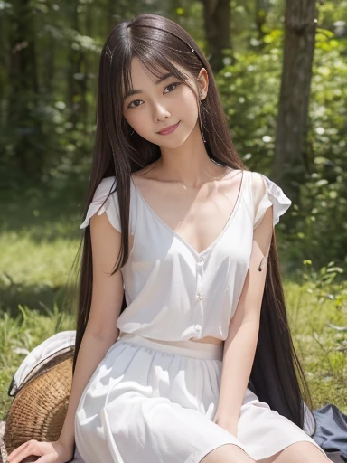 a lot of details, (underweight), 30 years old, detailed black hair, beautiful detailed hair, super fucking beautiful, delicate beautiful face, complex details beautiful and delicate eyes, perfect hands, (flat chest best quality:1.5), perfect and delicate limbs, detailed skin, best quality, ultra-detailed,(cheerful grin:1.3),
whole body, Girls' Front, sitting, beautiful detailed fullbody, long hair blown up, eyes visible through hair, closed eyes, thigh gap, whiteshirt, summer long skirt, (I took a nap while sitting in a camping chair in front of the tent),white Clothes, in forest with river, lake in mountain stream, soft lighting,