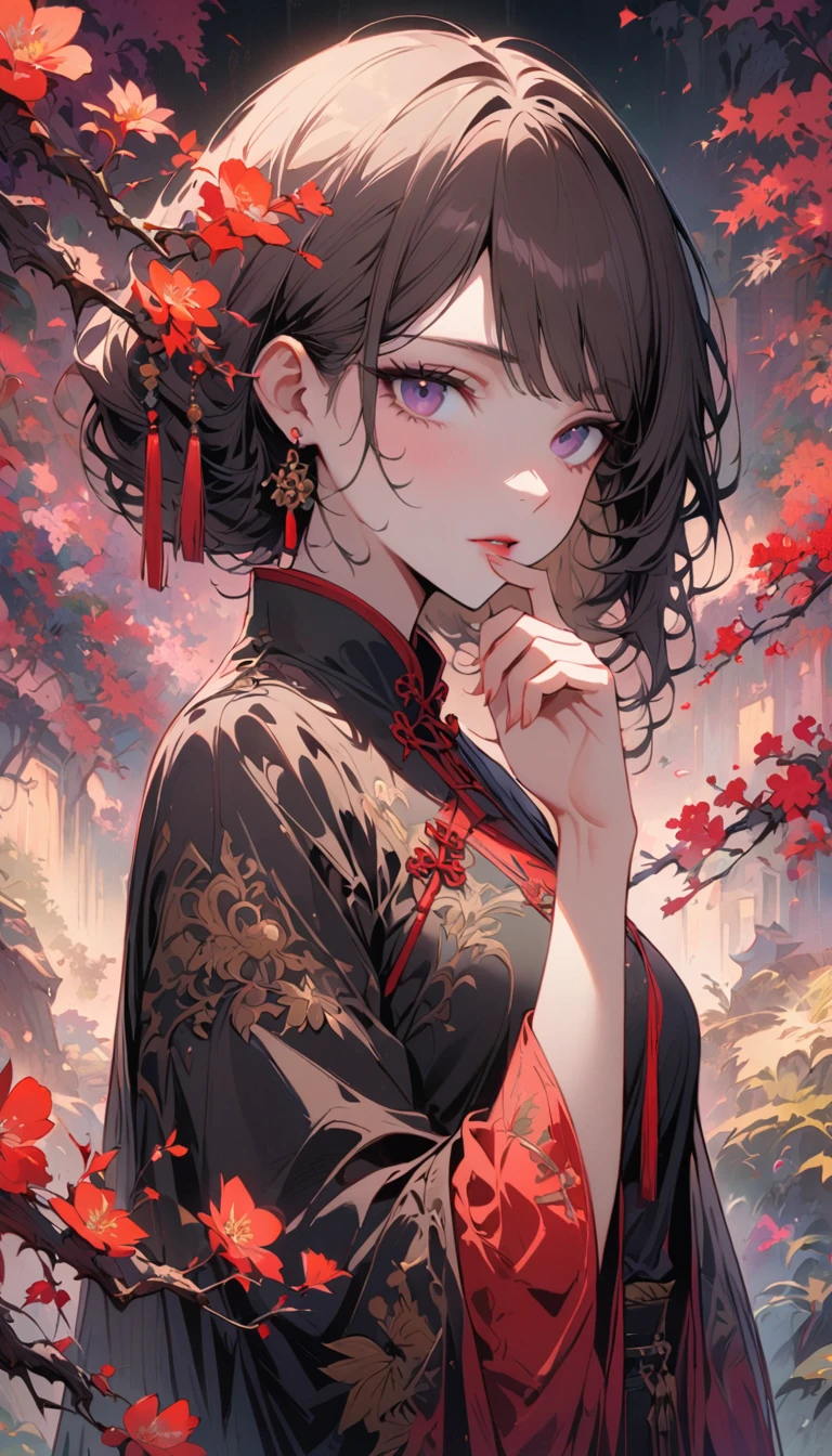 masterpiece,Extremely detailed ofCG unified 8k wallpaper,1 girl, beauty of, Actual, Blur of, Blur of_background, Blur of_prospect, branch, Brown_hair, 梅flower, depth_of_site, earrings, flower, jewelry, nose, Actual, Alone of,Chinese clothes,Finger hidden, weapon concealment, only wear