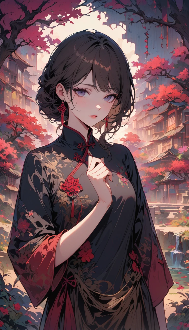 masterpiece,Extremely detailed ofCG unified 8k wallpaper,1 girl, beauty of, Actual, Blur of, Blur of_background, Blur of_prospect, branch, Brown_hair, 梅flower, depth_of_site, earrings, flower, jewelry, nose, Actual, Alone of,Chinese clothes,Finger hidden, weapon concealment, only wear