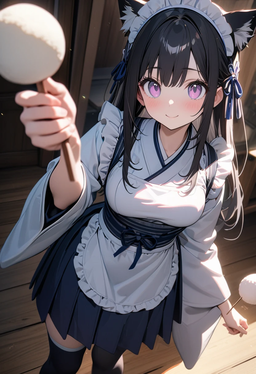 (8K, best quality, master piece: 1.2), super high resolution,1 beautiful girl,ultra-detailed face,cute eyes,(Holding a skewered rice cake ball in one hand、Each of the three mochi balls on the skewer is perfectly round.),standing,Maid outfit dress, cat ear catsuit,head dress,pink eyes, black hair, long hair,medium breasts,white apron, Navy Blue hakama skirt,wa maid,kimono,wide sleeves,frilled apron,lace trim,Navy Blue ribbon accents,Absolute area,Knee-high socks,smile,wooden floor ,Rim Light,indoors Japanese cafe