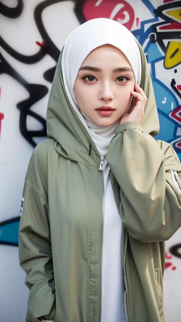 ,1girl, solo, pretty face, eyelashes, nose, glossy lips, (detailed eyes, looking at viewer, fair skin, white skin: 1.5), smooth skin, wearing hijab, 8k portrait of beauty in hijab, intricate, graceful, highly detailed, majestic, digital photography, hyper realistic, Masterpiece, Best Quality, All parts of the body except the face and hands are covered with clothing, Tudung, ((do not let the hair come out of the hijab)), full hijab, ((all parts of the body covered by clothes except the face)), Best Quality, (graffiti:1.5), paint splatter, army jacket, On wall, paint can, looking at viewer, head slanted, clothing color (Wear a hooded soft green army jacket), cyberpunk city