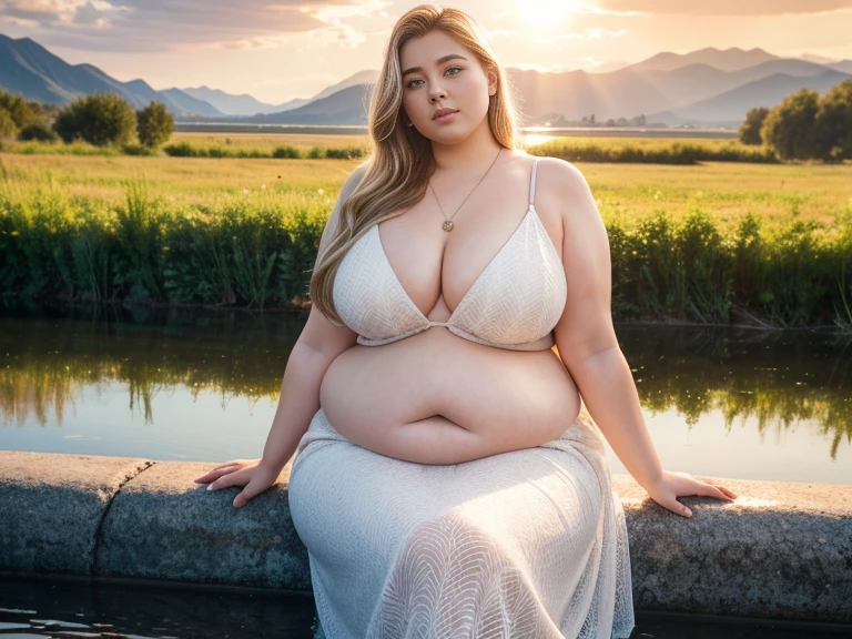 Rule_of_thirds, 1 girl, extremely obese, (obese belly):1.7, (obese legs):1.5, fat rolls, SSBBW Adeline body, Serene expression, mesmerizing eyes, gorgeous supermodel face, straight long blonde hair, flowing dress, poised posture, porcelain skin, subtle blush, crystal pendant
BREAK
golden hour, (rim lighting):1.2, warm tones, sun flare, soft shadows, vibrant colors, painterly effect, dreamy atmosphere
BREAK
scenic lake, distant mountains, willow tree, calm water, reflection, sunlit clouds, peaceful ambiance, idyllic sunset, ultra detailed, official art, unity 8k wallpaper
, zentangle, mandala