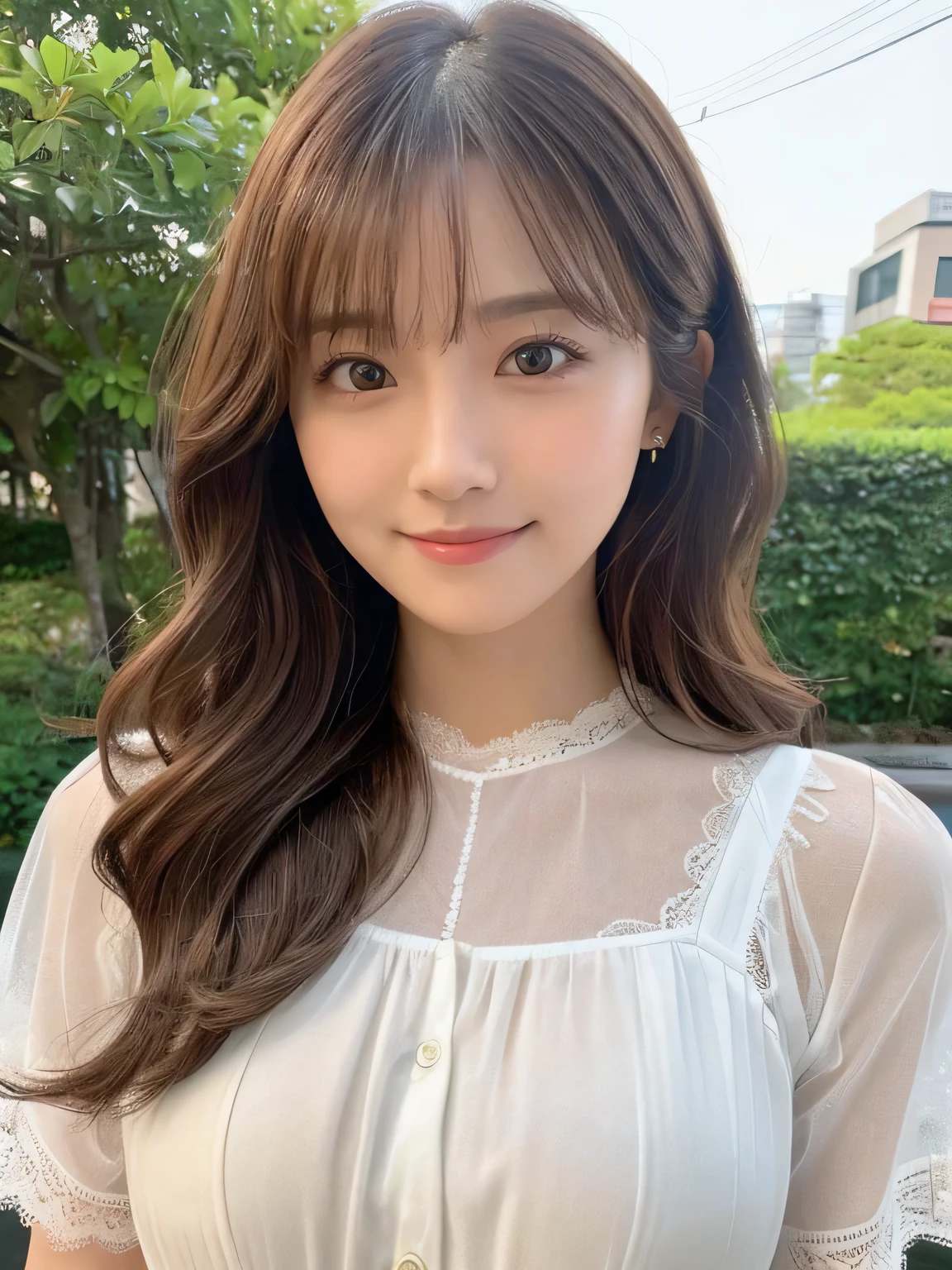 Realistic:1.2,masterpiece,Highest quality，98k,((One Woman)),20-year-old,Japanese women、Tight waist,Perfect Anatomy, Brown Hair, Wavy Hair,Random Hairstyles,Big beautiful breasts,((Fully detailed face and eyes:1.2))((Cute face:1.2))，Random Pause，smile、lace short blouse、Full Body Shot,Natural Face,tokyo