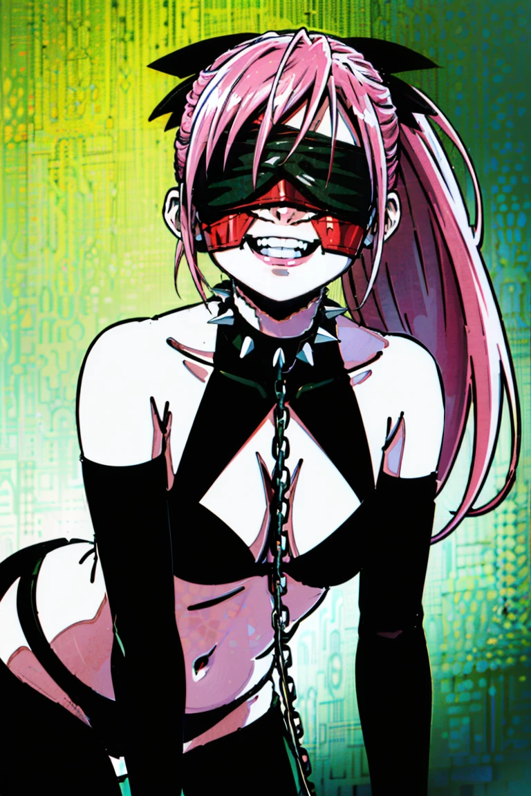 1girl, solo, pink hair, ((((((blindfold)))))), (((long hair))), (((high and thin pony tail))), (((hair bow))), adult, adult tall, (((black enamel bondage))), thigh high boots, (((elbow gloves))), (((black clothes))), cowboy shot, (((dare shoulder and shoulder skin))), medium breasts, fair skin, perfect proportion, (((animal collar))), straight back hair, shiny clothes, beautiful, (((straight pony tail))), (((spiked arm rings))), (((on all fours, hands on the ground, chain leash, viewer holding chain leash))), (((baby face))), smile broadly, bdsm, full face blush, evil grin, looking at viewer, rape face, sadistic smile, dominatrix, mistress, scary face, squinting eyes, furrowed brow, flown, ultra detailed beautiful face, (((dare stomach, navel))), fang, (((big connected teeth))), Emotional eyes, (((cowboy shot))), cleavage cutout, looking at viewer, gleaming skin, oil skin, shiny skin, glaring smile, anime screencap, smirk, mocking, dimpled smile, beautiful skin, Patronizing,