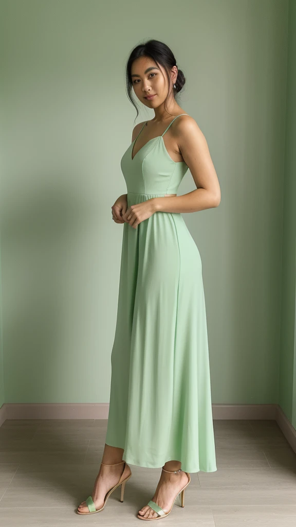 a woman in a green dress poses for a picture, pastel green, jade green, pose 1 of 1 6, pose 4 of 1 6, greenish blue tones, full body green dress, an elegant green, monochromatic green, full body in shot, 🤬 🤮 💕 🎀, edited, full body photogenic shot, inspired, muted green, #green,