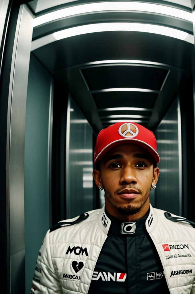 Lewis Hamilton in an elevator waving at the camera, que la imagen tenga efecto fisheye