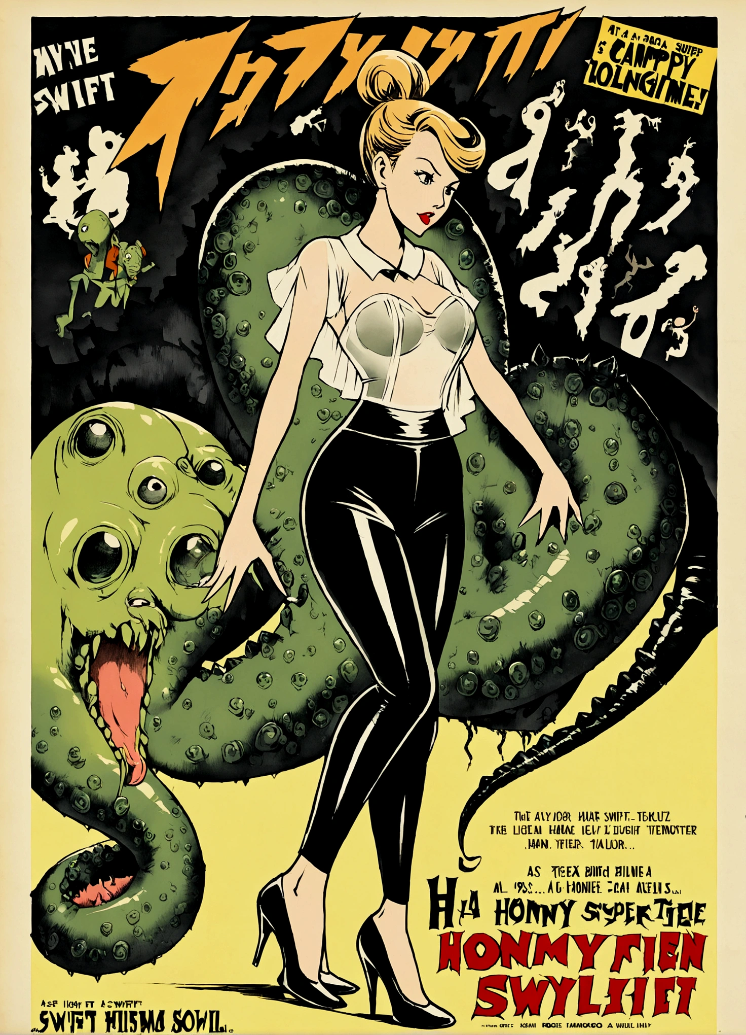 Taylor Swift as a 1950s bimbo (super tight pants, over exposed blouse, hair put up in a fancy style, high heels) Fleeing from a horny alien tentacle monster, campy style , movie poster