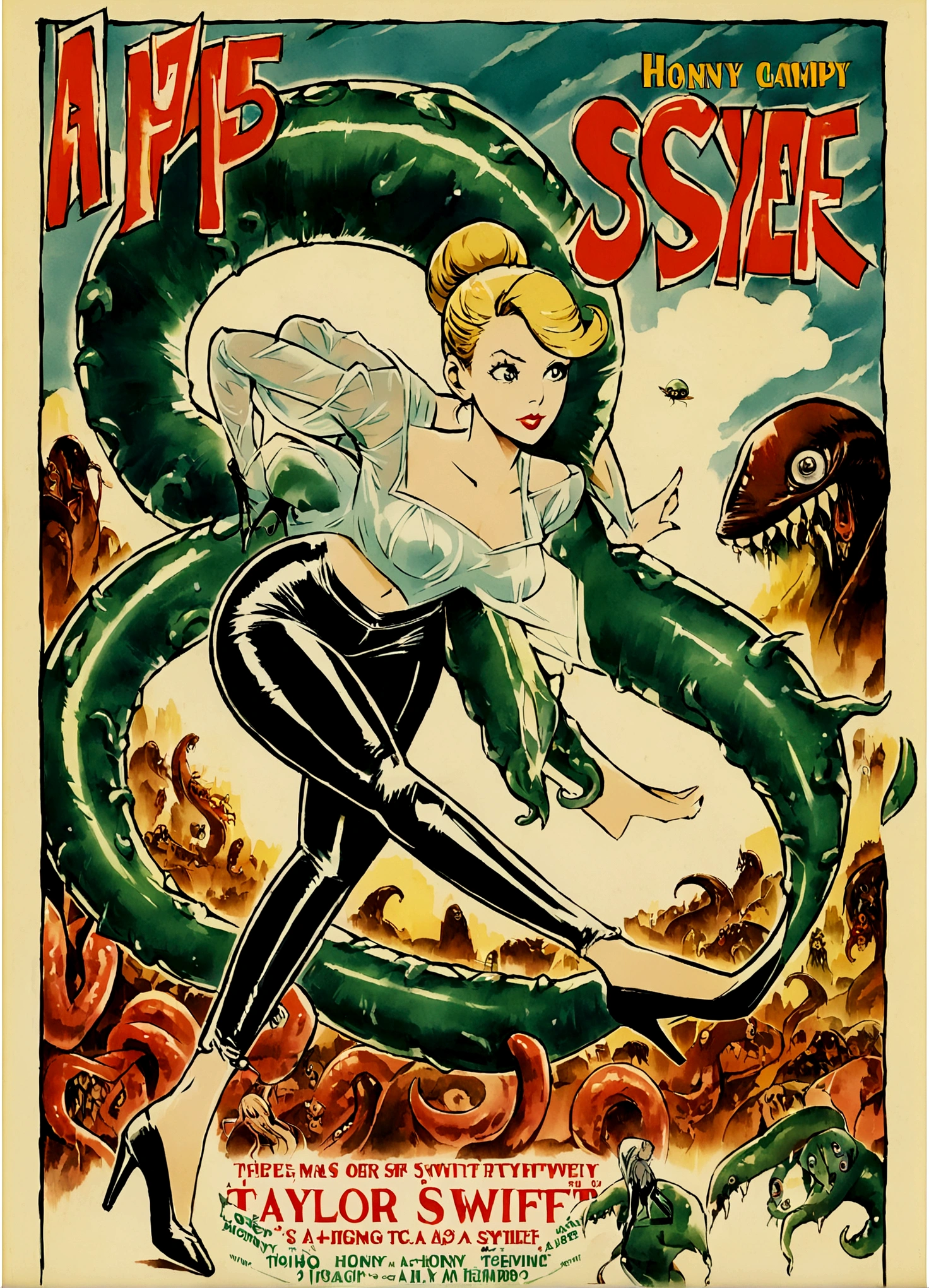 Taylor Swift as a 1950s bimbo (super tight pants, over exposed blouse, hair put up in a fancy style, high heels) Fleeing from a horny alien tentacle monster, campy style , movie poster