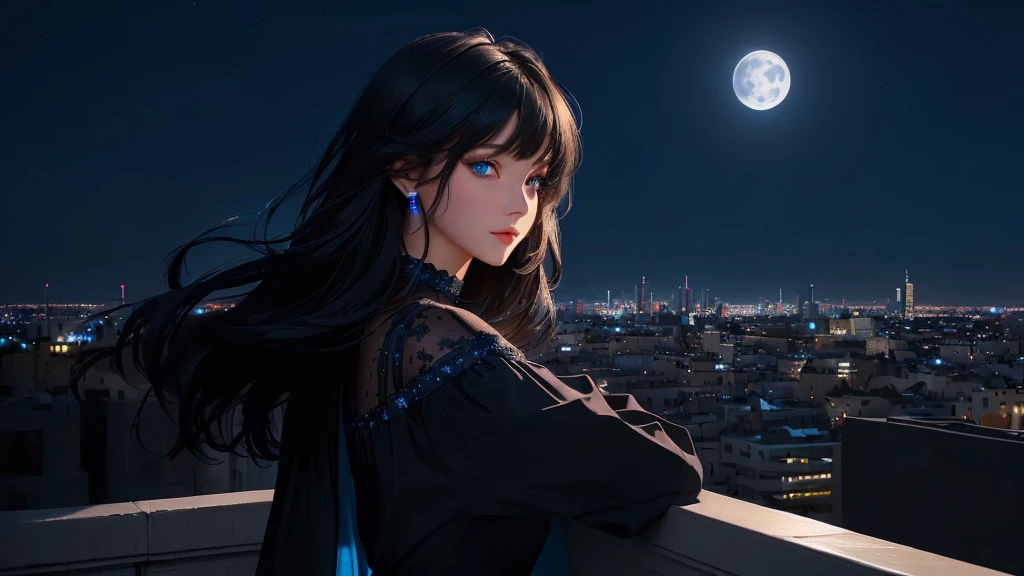 ultra-detailed, beautiful eyes, detailed eyes, detailed face, ultra-detailed, beautiful eyes, Black medium hair, high angle shot, Woman with beautiful blue eyes, (((looking at a fantastic and beautiful urban night scene with lights of buildings and buildings at night))), black casual loose-fitting dress, leaning against the wall, deep blue background, moonlight, fantastic lights of buildings and buildings, (((World with blue background))), ((city lights shining beautifully)), blur, Composition like a scene from a movie, master piece, best quality, high resolution, 16k