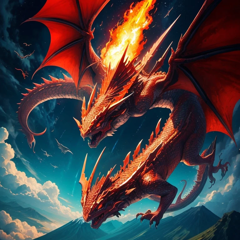 volcano,Small Dragon,multiple,,a lot,fly in the sky,Red Scales,Sharp Claws,Spit flame,Wyvern,violent,danger,
