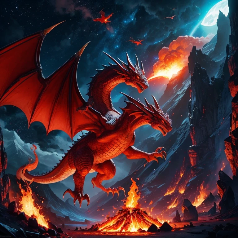 volcano,Small Dragon,multiple,,a lot,fly in the sky,Red Scales,Sharp Claws,Spit flame,Wyvern,violent,danger,