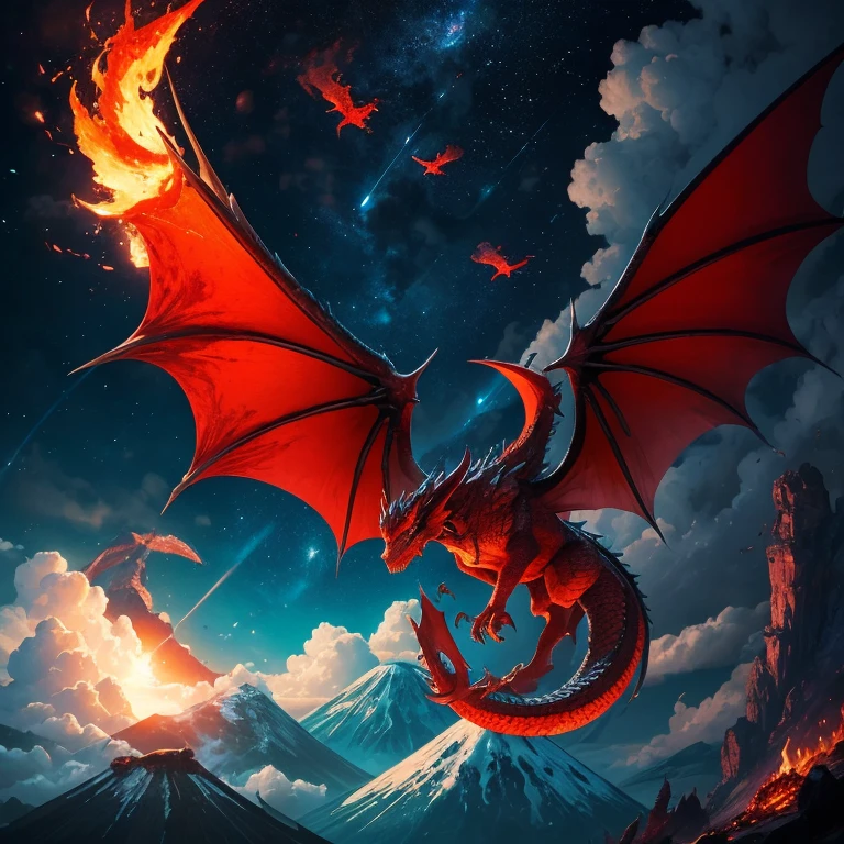 volcano,Small Dragon,multiple,,a lot,fly in the sky,Red Scales,Sharp Claws,Spit flame,Wyvern,violent,danger,