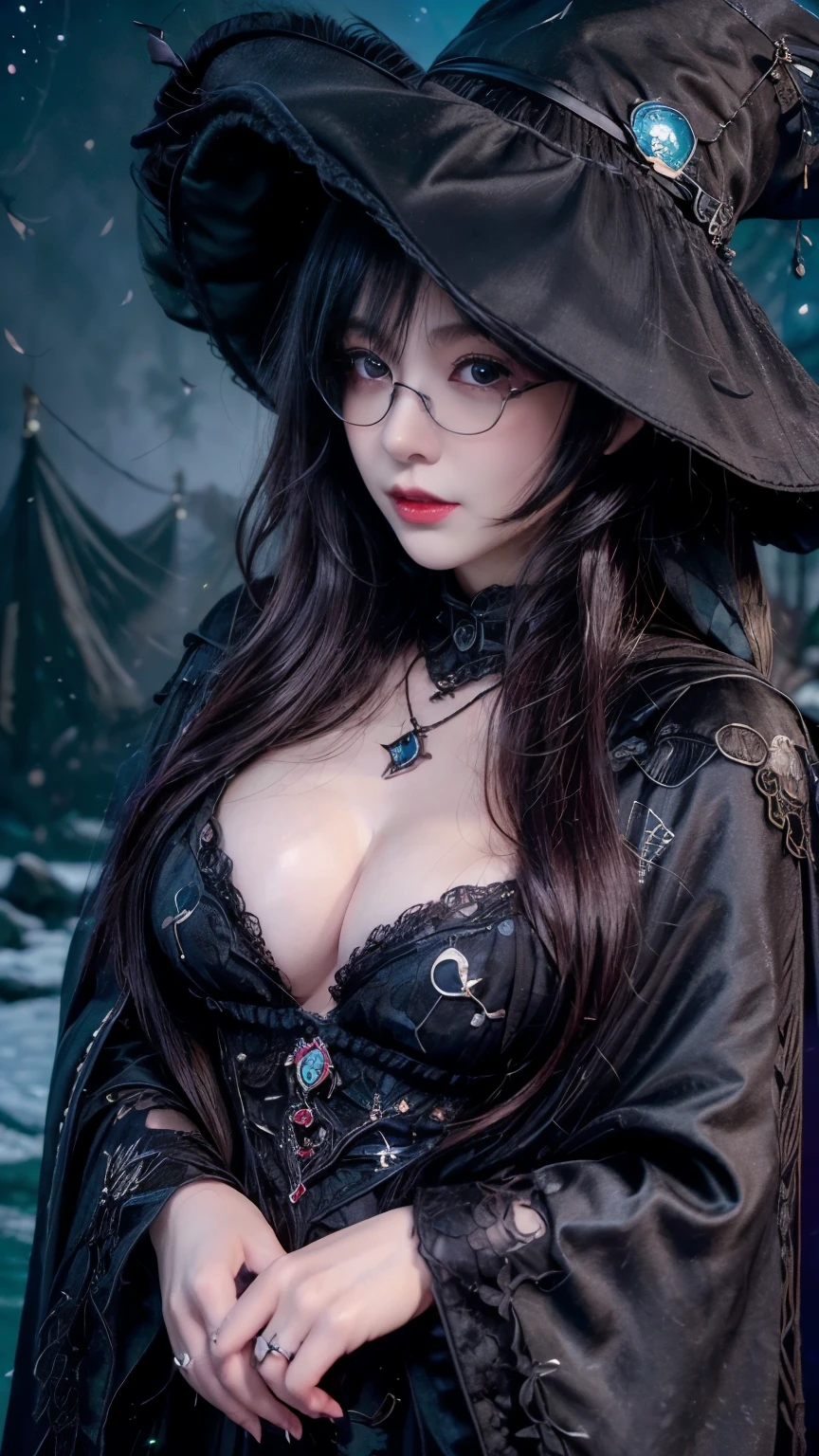 (Fatal Beauty,A charming villain,witch) ,(A supple and powerful physique),(Sensual charm),(Mysterious charm:1.1),(Captivating silhouette),((((Glasses))))、((((big sapphire necklace))))、(Highest quality,High resolution:1.2),(dark,Threatening:1.1),((dark horror theme:1.5),(Thriller:1.5)),(Dark fantasy:1.5), (((Countless stars fly away:1.5),(Absurd:1.5),(wonderful:1.5))),Woman in a dress, (Powerful numbers:1.1),(((Big Breasts))),(((Muscular:1.1))), cute face, Sexy Face, , Very detailedなbeautiful女の子, (Ideal body type:1.8), Very detailed faceexpressive lips, (とてもbeautiful、Crisp big eyes:1.5), Fine skin., All features are shown in detail., The outline of the fingers is beautifully drawn....., The nose is precisely shaped., expressive lips, Perfect Anatomy,cute、Realistic、(Front view:1.4),(Face Focus:1.3), realistic girl rendering, 8k artistic german bokeh, Enchanting girl, Real Girls, Gurwitz, Gurwitz-style artwork, Girl Roleplay, Realistic 3D style, cgstation Popular Topics, 8K Portrait Rendering,(truth,truth:1.4),Sexy Body,( Very lean body:1.6),Sexy pose, blush, Attractive body, Very curly hair, Purple Curly Hair, very big hair, Very curly hair, prime color,Urban,Very detailed,masterpiece,Intricate details,Faded,Very detailed, Eye on the details,Intricate details,暗くてSpooky atmosphere, spiritual being, Unforgettably beautiful, Ghostly figures, Shadow-like shape, Spooky whispers, Ominous Aura, Goth Maiden, Like dazzling fur in a starless haze,Her Mogul Snaps, Mysterious Cemetery,Black hair swaying in the moonlight, She summons darkness, (beautiful: 1.7), (Black Hat: 1.6), (An intricately decorated jet-black cloak: 1.6), (Delicately decorated cloak, Despite the damage: 1.5), Hypermaximalist, Breathtaking oil paintings, Surreal, Ultra-realistic digital illustrations that mimic the style of oil paintings, wonderful構成, (Shining Eyes:1.6)、(Glowing Eyes:1.1),(hellish landscape:1.1),(fire,sulfur:1.1),(Threatening atmosphere:1.1),(dark shadows,Threatening presence:1.1),(Unlucky Clouds,Stormy Skies:1.1),(dark,Spooky atmosphere:1.1),(Aura of misfortune,Evil energy:1.1),(dark aura,cigarette:1.1),(Extreme heat,Burning Flames:1.1),(Nightmare Visions:1.1),(Predicting the end:1.1),(Whispers of misfortune,Devilish Laugh:1.1),(Cries of pain,echoing screams:1.1),(Bad luck symbol,Ancient runes:1.1),(Mysterious Relic,dark art ifacts:1.1),(Infernal Ritual,Ritual sacrifice:1.1),(Eternal Ruin,A hopeless existence:1.1), Inspired by abandoned mech backgrounds. Art created by Craig Mullins, Necrostyle., Detailed Description, Futuristic sci-fi scene. Focus on SFCon