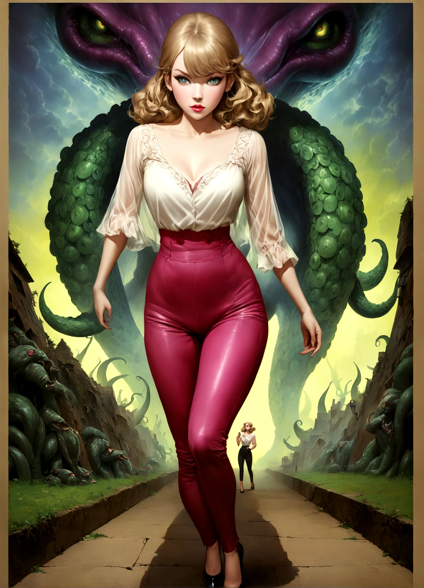 A glamorous 1950s housewife,Taylor Swift,ultra-detailed,photorealistic,beautiful detailed eyes,beautiful detailed lips,extremely detailed face,long eyelashes,tight pants,over exposed blouse,fancy hairstyle,high heels,fleeing from a horny alien tentacle monster,campy style,movie poster,dramatic lighting,vivid colors,surreal,concept art