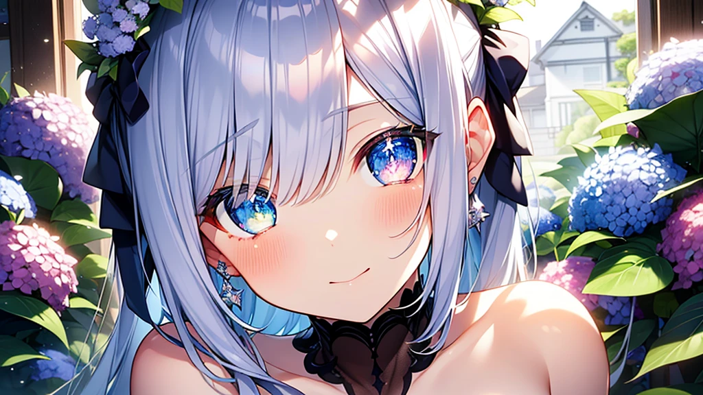 Best quality、Photorealistic、Ultra-detailed、delicate、Orderly、High Detail、Bluish Silver Short Bob、(Drooping heterochromia iris,glowing eyes、Sparkling Eyes:1.3)、slender、(One girl:1.2)、(moon、night、Night Sky、Dark Night、Glowing Hydrangea、Mysterious Light:1.3)、Girl Cast Magic,Ambient Occlusion、Ambient Light、Ray-traced Reflections、Glow、Shiny Hair、