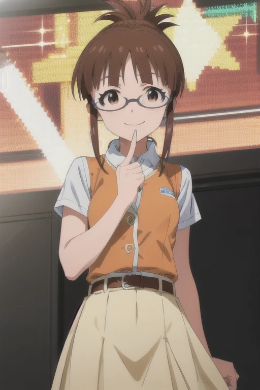 (((pixel-perfect, detail-perfect))), solo, 1girl, ritsuko akizuki, shirt white, vest yellow, short sleeves, skirt orange, belts, cowboy shot, looking at viewer, smile