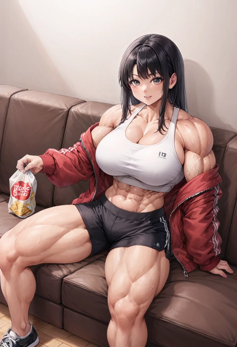 Anime, 2d anime, cartoon anime, detailed illustration, dynamic angle, ultra-detailed, illustration, 1girl, late 20’s year old, Big woman, very tall, broad shoulders, silky long black hair, muscular, tone body, a little bulky, muscular arms, wide shoulders, tall woman, sitting on couch, in black sports bra, black short gym shorts, in a nice house, living room, dark wood panel walls, dark hard wood floors, wearing a jacket unzipped, holding a bag of chips,