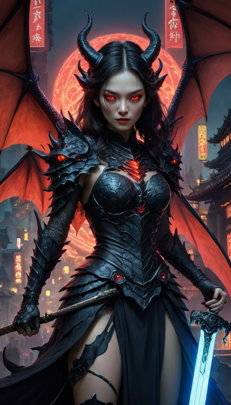 high high quality,Best quality at best,Realiy,Super realistic,super detailing,tmasterpiece,A high resolution,8K,Very realistic,Hellbringers,Black-scaled youkai, Black-scaled youkai,red - eyed,Meniscus,a close up of a person with a sword and a demon, Demon Dragon Inspired Scales, Dark black scaly yokai, Demon bat wings,Epic fantasy digital art style, Demon Black Scale Yokai, evil knight, dan mumford tom bagshaw, dark fantasy style art, Epic fantasy art style, Dragon Knight, dark fantasy art style, Shadow scales, Epic fantasy art style HD, dark fantasy digital art,"Artistic image type: {Perched on top of cybernetics dragons, The masked woman investigates the vast cyber metropolis below. Masks, Infused with neon lights, Contrast her technically enhanced body, Embedded LEDs and retractable technology weapons shine. In a striking pose, She seemed ready to act, A fusion of ancient legends and visions of the future}, Dragon Knight Ghost, Excellent location,with city view, (Vibrant neon lighting:1.5), (Digital painting:1.25), (4K:1.2). environment: panoramic view of a city,Bats fly across the skyline."