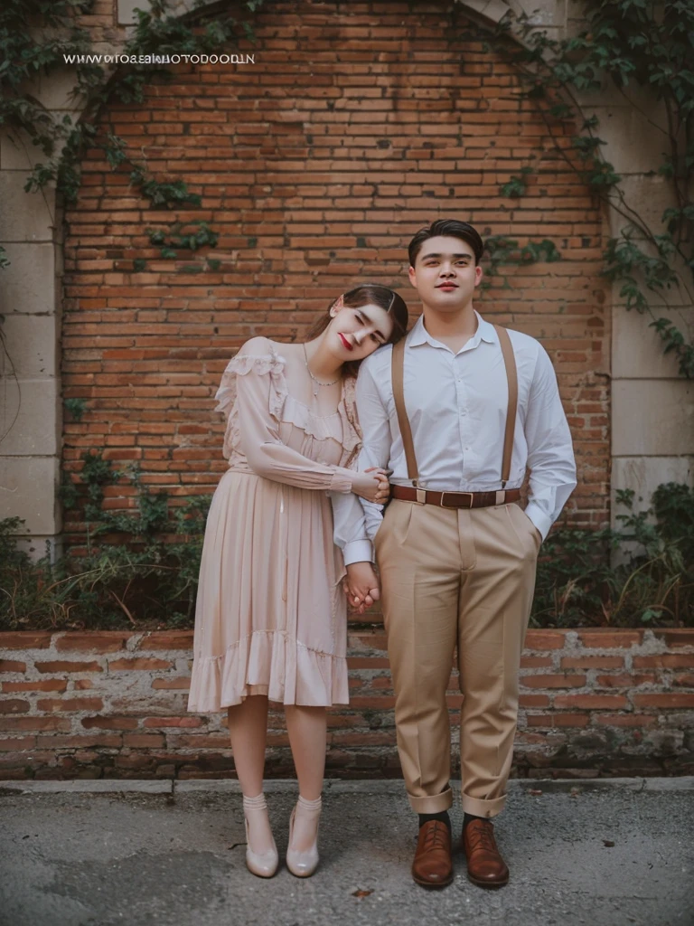 a man and woman standing next to each other in front of a brick wall, couple pose, in romantic style, lovely couple, full body photogenic shot, wearing 10s era clothes, retro vintage and romanticism, 1920s vibes, by Emma Andijewska, shot with canon eoa 6 d mark ii, cinematic outfit photo