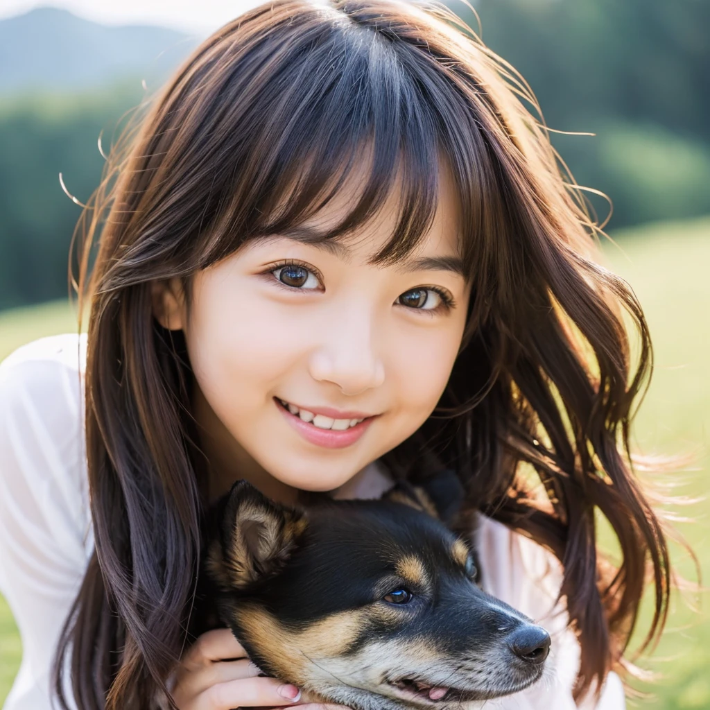 Create an anime-style portrait of a Japanese girl。Her hair is dark brown、Let it flow naturally。The girl has a gentle smile。She looks loving、Holding a cute dog、It's a scene that evokes warmth and camaraderie.。Background、It should be a blend of warm and cool colors that complement the overall composition.。She is wearing a light blue dress with intricate details.、Gives an elegant impression。The overall atmosphere of the piece is bright and attractive.、Capture the girl's kind and friendly personality。