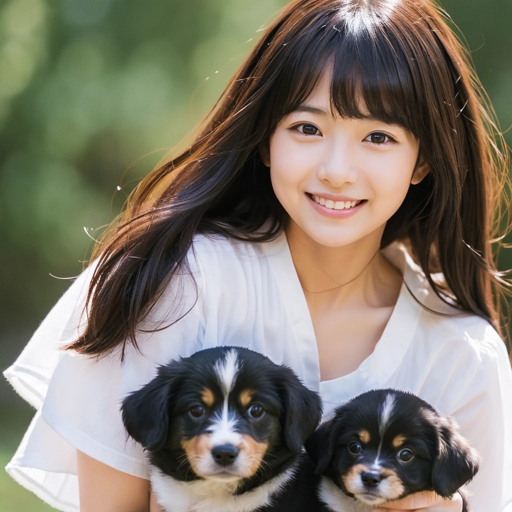 Create an anime-style portrait of a Japanese girl。Her hair is dark brown、Let it flow naturally。The girl has a gentle smile。She looks loving、Holding a cute dog、It's a scene that evokes warmth and camaraderie.。Background、It should be a blend of warm and cool colors that complement the overall composition.。She is wearing a light blue dress with intricate details.、Gives an elegant impression。The overall atmosphere of the piece is bright and attractive.、Capture the girl's kind and friendly personality。
