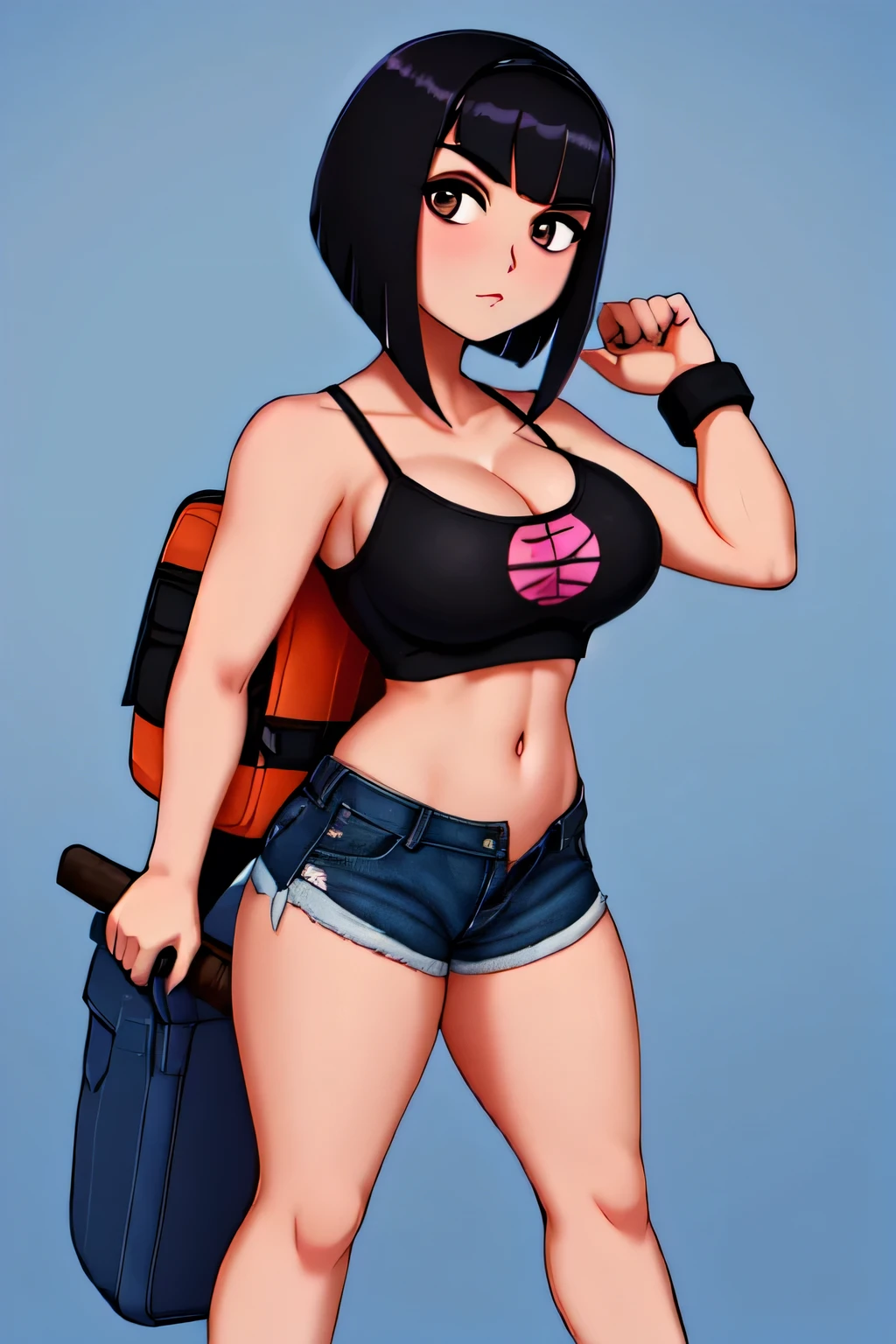 short black hair, with slightly messy bangs.  Dark, penetrating brown eyes.  Thin and marked build.  She wears torn black shorts, blue tennis shoes, and a pink navel blouse with straps. He has an axe in his right hand and a backpack on his back. Busty. Zombie around