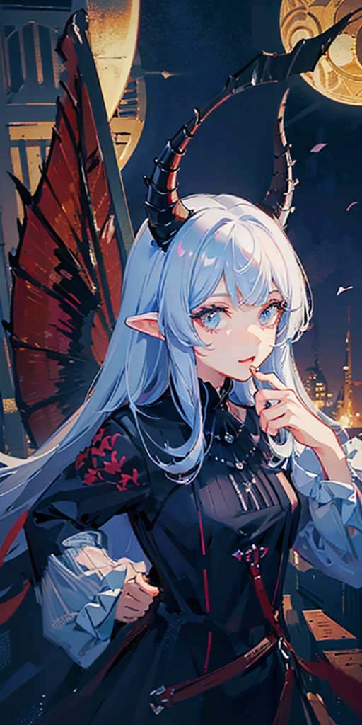 A black and red dragon girl with long, slender ears, two horns on her head, spreading her wings and casting spells.