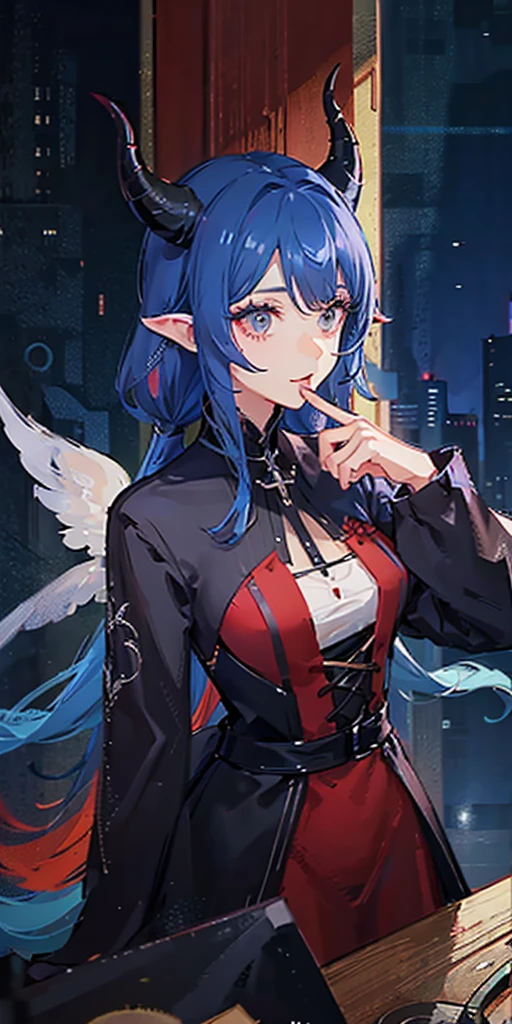 A black and red dragon girl with long, slender ears, two horns on her head, spreading her wings and casting spells.