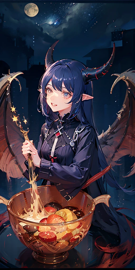 A black and red dragon girl with long, slender ears, two horns on her head, spreading her wings and casting spells.