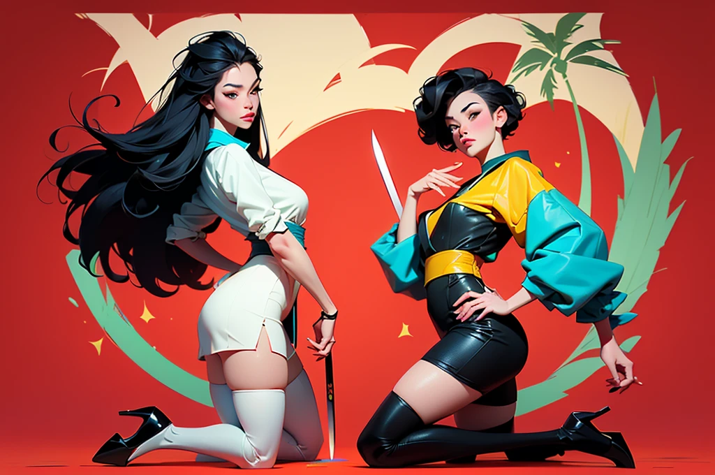 ((Art style by Patrick Nagel)), ((8k, wallpaper, detailed)), 2girls, korean popstar, thighhighs, high heels, long legs, black hair, pretty hands, fringe, full body, samurai sword, (multiple girls:1.4), simple red background, palm trees, (graffiti wall:1.2), muscular, strong, courageous, art by Patrick Nagel