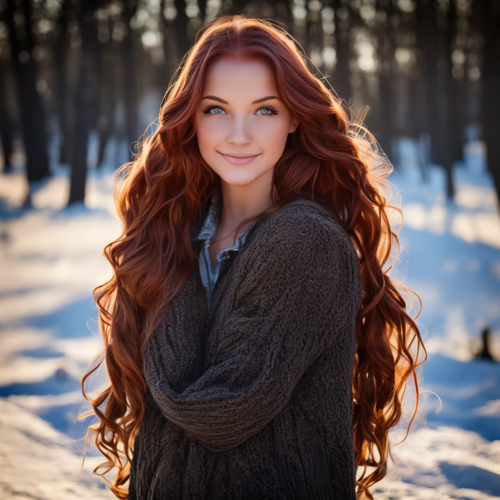 Hyperrealistic and detailed full body photo of a young woman, smiling red haired beautiful woman. Winter. Die Sonne scheint. Perfekte Augen, (Augen-Make-up:1.1), (Hochdetaillierter Skin:1.1), .RAW, Analoger Stil, Scharfer Fokus, 8K UHD, DSLR, High quality, Fujifilm XT3, Korn, awards winning, Meisterwerk.