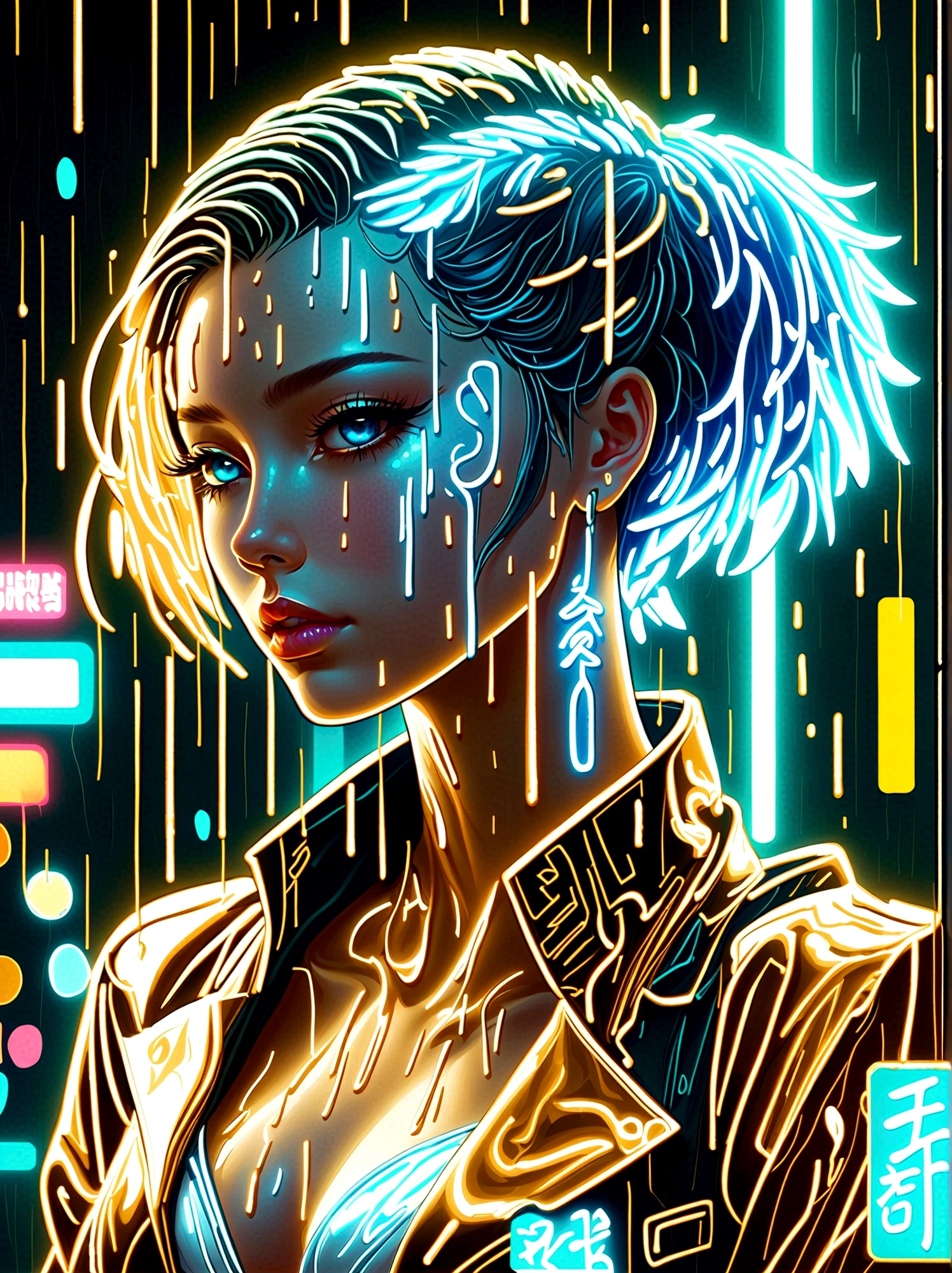 Neon, 发光的Neon, Cyberpunk girl profile，whole body像，Golden Light，Golden Raindrops，Blood stains the earth，Blue and white porcelain texture, (身体彩虹色Neon轨迹形成:1.3)，Surreal，fantasy，Stunning，Vision，whole body