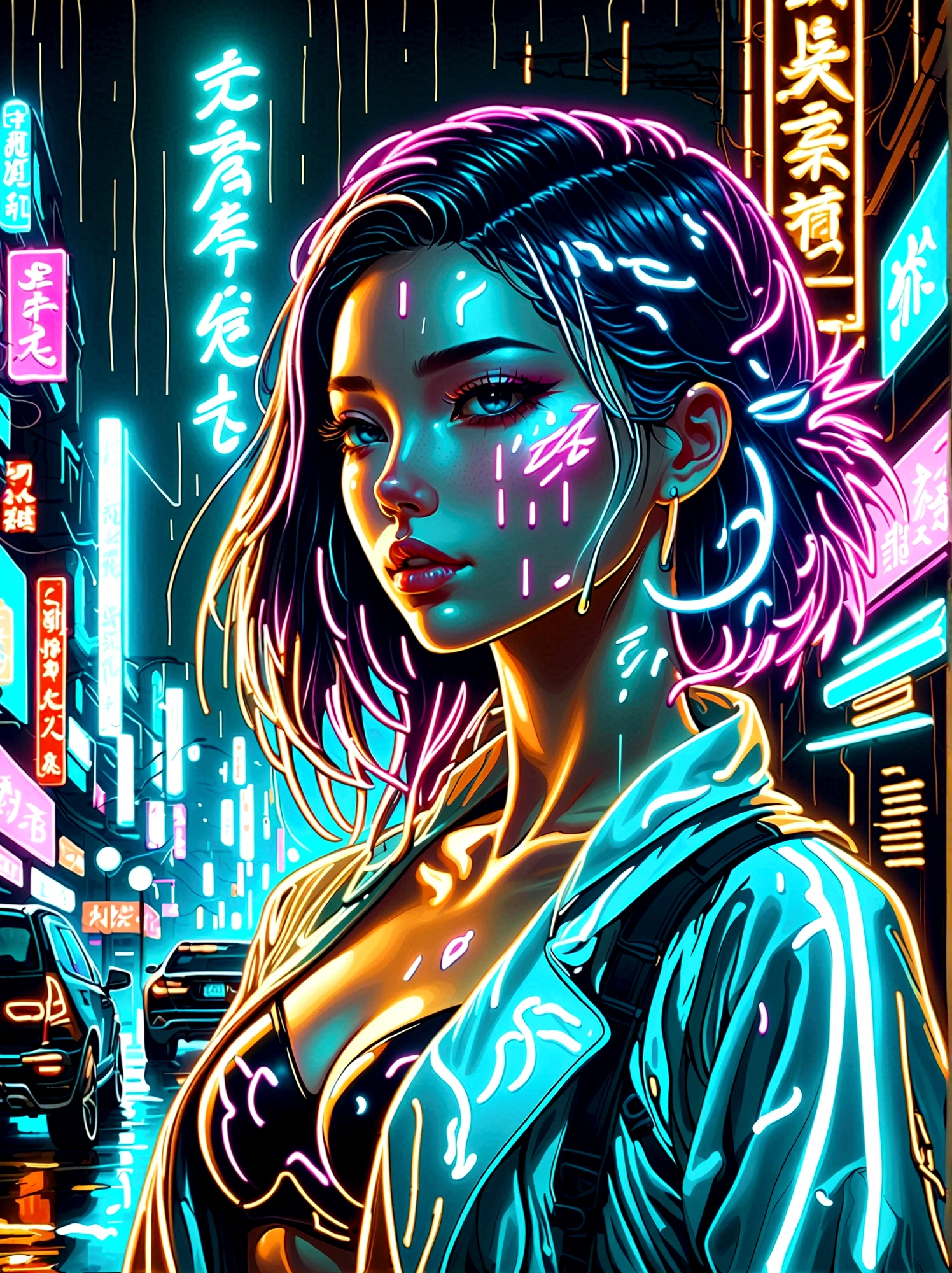 Neon, 发光的Neon, Cyberpunk girl profile,whole body像,Golden Light,Golden Raindrops,Blood stains the earth,Blue and white porcelain texture, (身体彩虹色Neon轨迹形成:1.3),Surreal,fantasy,Stunning,Vision,whole body