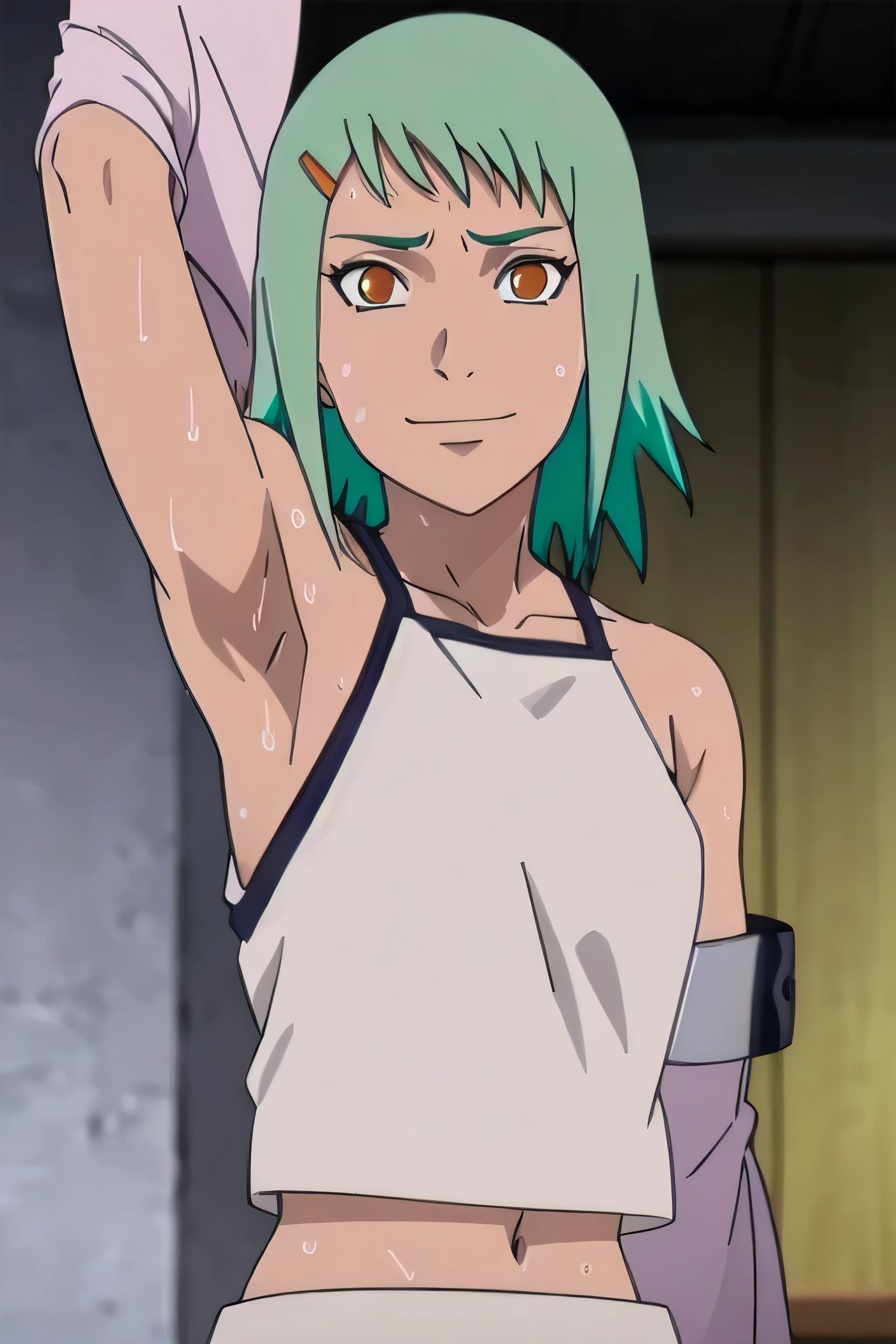 FUU, 1girl, solo, upper body, facing viewer, looking at viewer, smile,armpits,armpit,sweat,sweaty,sweaty armpits,awesome armpits,tired,exhausted,sensual expression