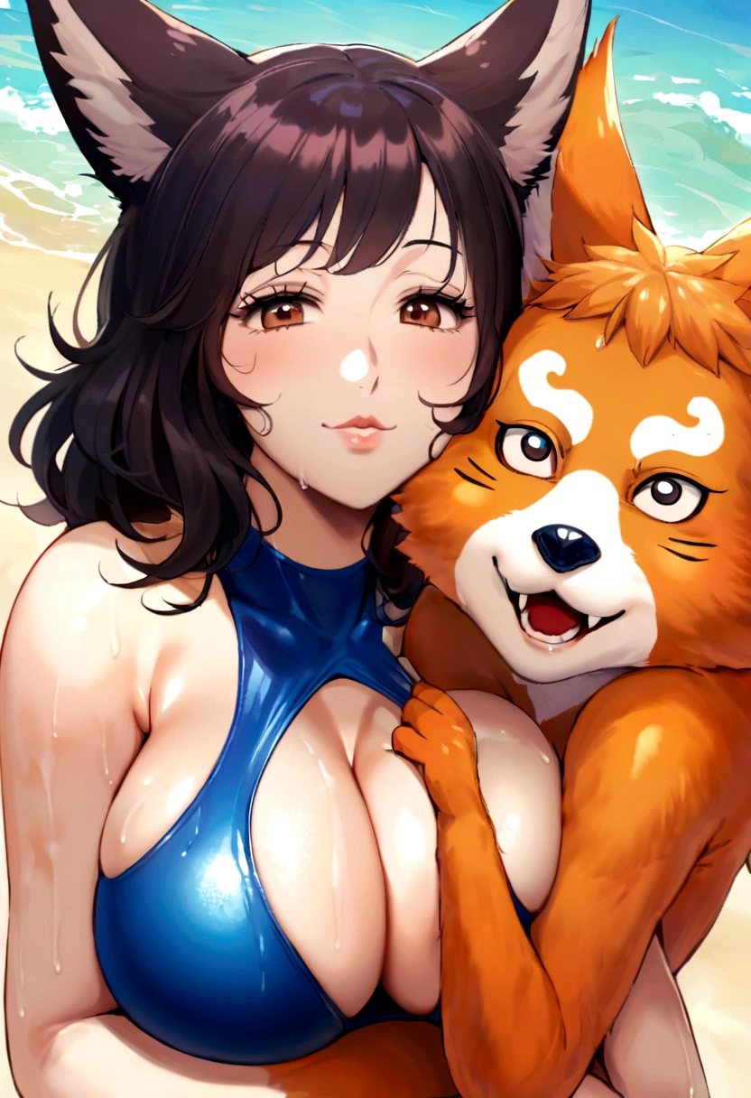 Hairy fox mom , Round face , (Tilt your face:1.1) , (Half-open wink:1.2) , Moist, round eyes , Swollen cheeks , Dark Hair , motherly smile , Glossy Lips , (nude:1.2) , (Body paint on tight fitting one piece swimsuit:1.1) , Sunny seaside , With the surprised beastmen