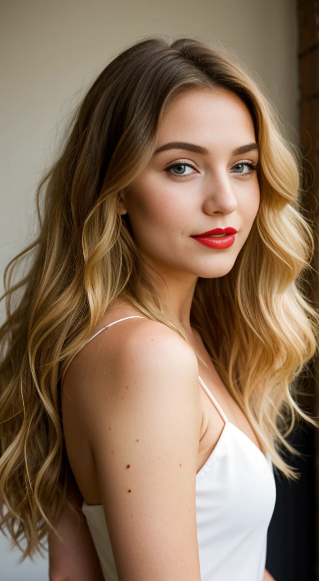 Blonde woman, curly hair, long hair below the shoulder, green eyes, about 22 years old. She has a soft smile, a mouth with thick lips painted with red lipstick, there is a small black mole next to her mouth, a small nose and next to her there is a white man with black hair looking at her in love, he must be around 50 years old