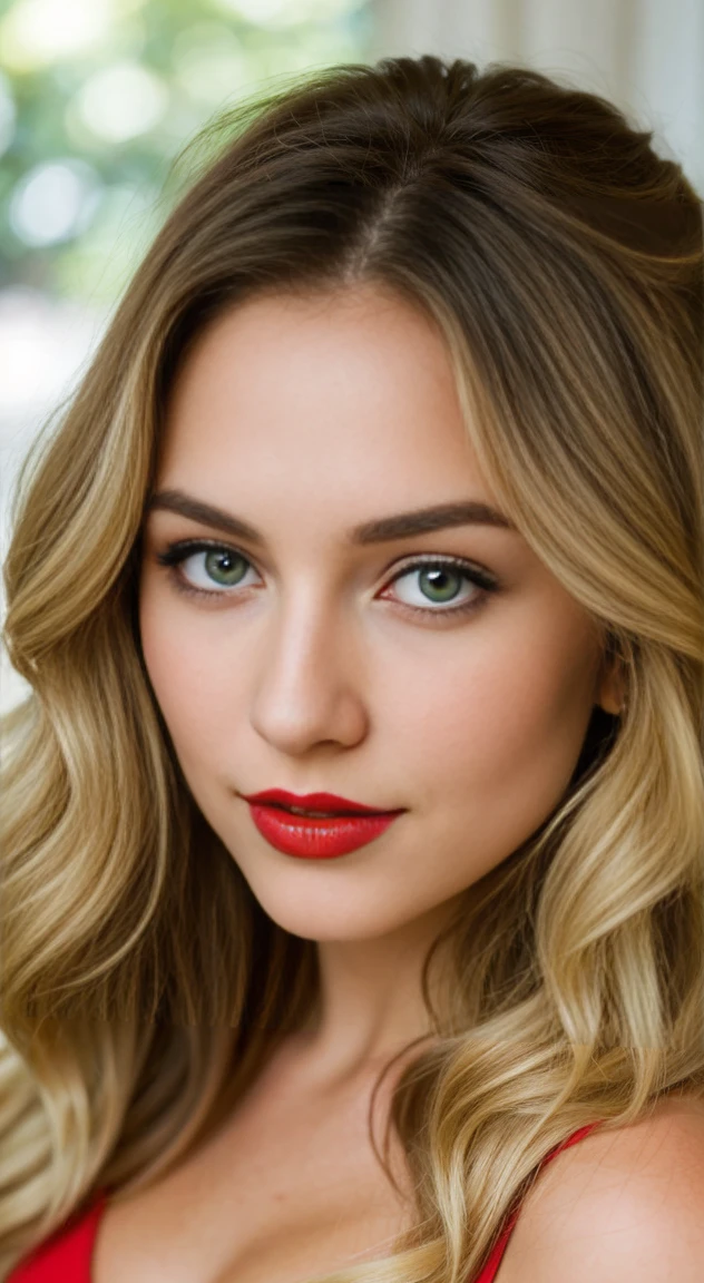 
Blonde woman, curly hair, long hair below the shoulder, green eyes, about 22 years old. She has a soft smile, a mouth with thick lips painted with red lipstick, there is a small black mole next to her mouth, a small nose and next to her there is a white man with black hair looking at her in love, he must be around 50 years old