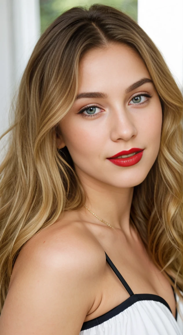 
Blonde woman, curly hair, long hair below the shoulder, green eyes, about 22 years old. She has a soft smile, a mouth with thick lips painted with red lipstick, there is a small black mole next to her mouth, a small nose and next to her there is a white man with black hair looking at her in love, he must be around 50 years old