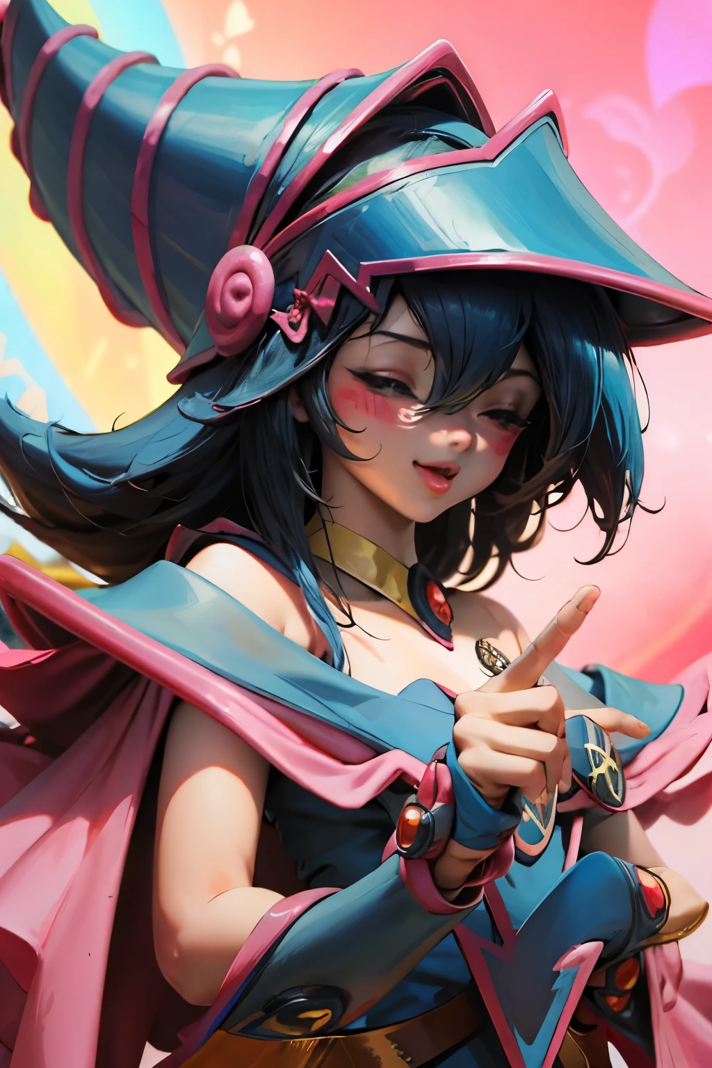 Hermoso rostro de dark magician gils, ojos azules. Labios rosados. Cabello rubio y largo. Ombros descubiertos, sonrisa angelical, hermoso rostro bien detallados de dark magician gils. With his hands he makes the sign of love and peace.  His hands make a sign of peace and love. Paz y amor en sus manos 