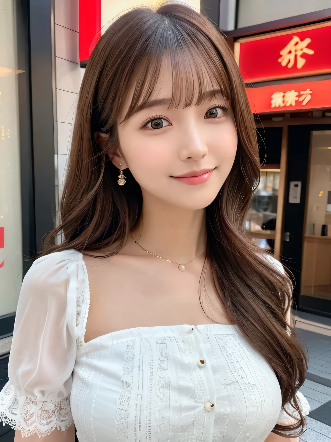 Realistic:1.2,masterpiece,Highest quality,98k,((One Woman)),20-year-old,Japanese women、Tight waist,Perfect Anatomy, Brown Hair, Wavy Hair,Random Hairstyles,Big beautiful breasts,((Fully detailed face and eyes:1.2))((Cute face:1.2)),Random Pause,smile、lace short blouse、Full Body Shot,Natural Face,tokyo city at the Ginza city