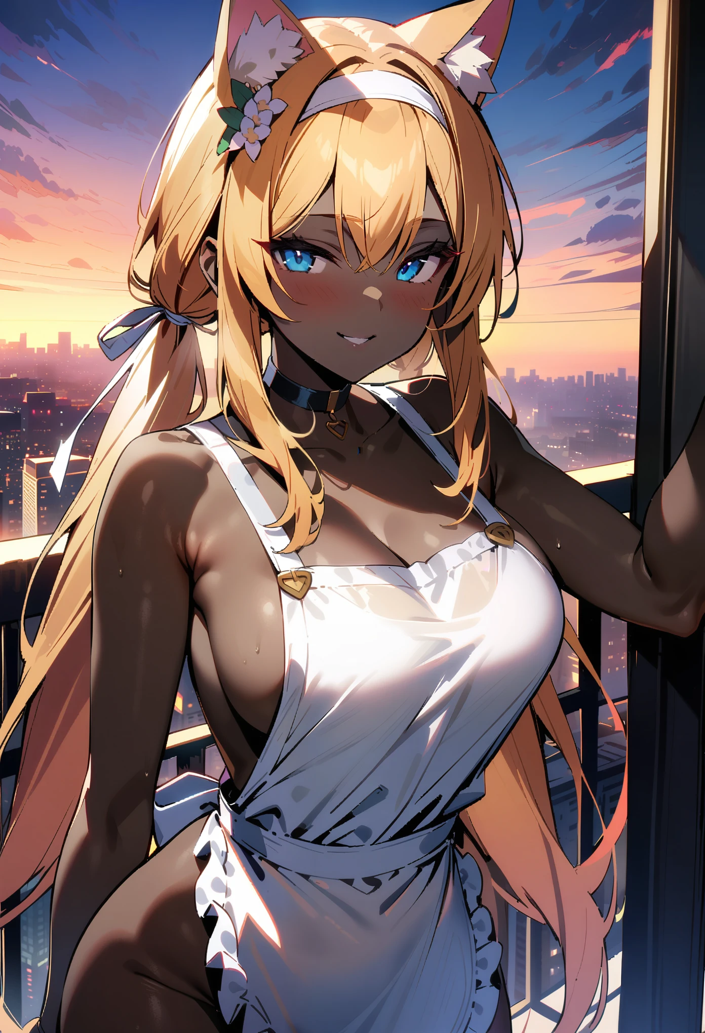 masterpiece, best quality, extremely detailed, 1girl, (milf, gyaru:1.2), solo, (dark skin, black skin:2), mari, (huge breasts), ((((blonde hair), very long hair, twintails, blue eyes, cat ears))), blue lips, (((choker, naked apron, white apron, frilled apron))), ((seductive smile), closed mouth), ((balcony, cityscape, evening))