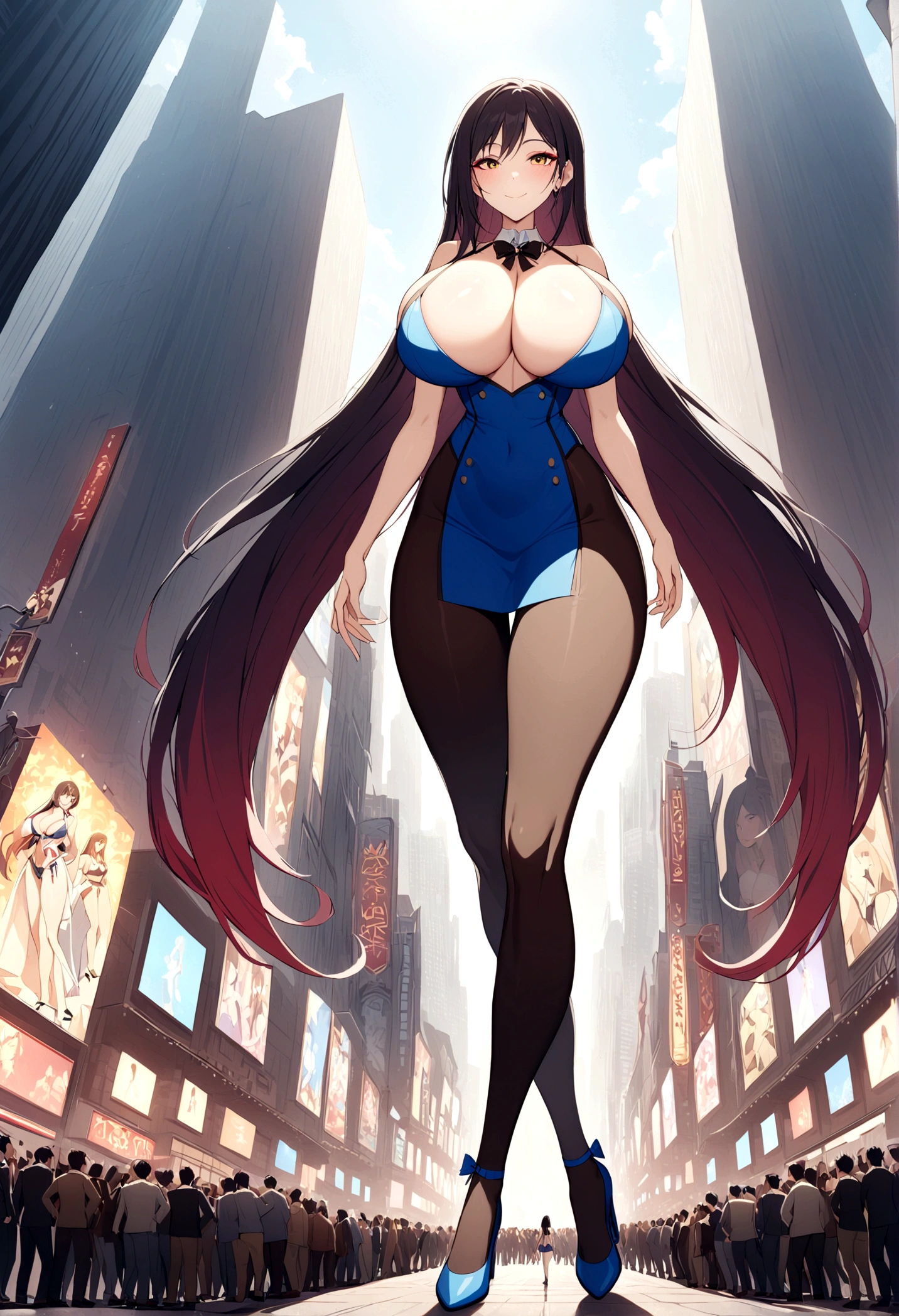 Ground View,giantesscity,tifa,giantesscity,giant girl 50000 feet high，Have a pair of ultra long legs,stepping in crowds,small men under her feet,a pair of huge breasts，Wearing a pair of Mary Jane heels，A look of enjoyment，Beautiful appearance，Exquisite makeup，quality，8k，High quality，Perfect proportion, Cinema lighting，film grain，Fuji colors，8k，textured skin，Super details，high detail，high quality，high resolution，explode，fake smile