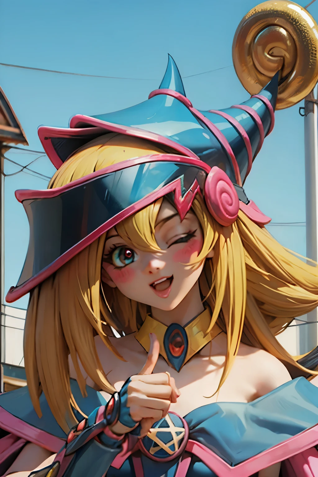 Hermoso rostro de dark magician gils, ojos azules. Labios rosados. Cabello rubio y largo. Ombros descubiertos, sonrisa angelical, hermoso rostro bien detallados de dark magician gils. With his hands he makes the sign of love and peace.  His hands make a sign of peace and love. Paz y amor en sus manos 