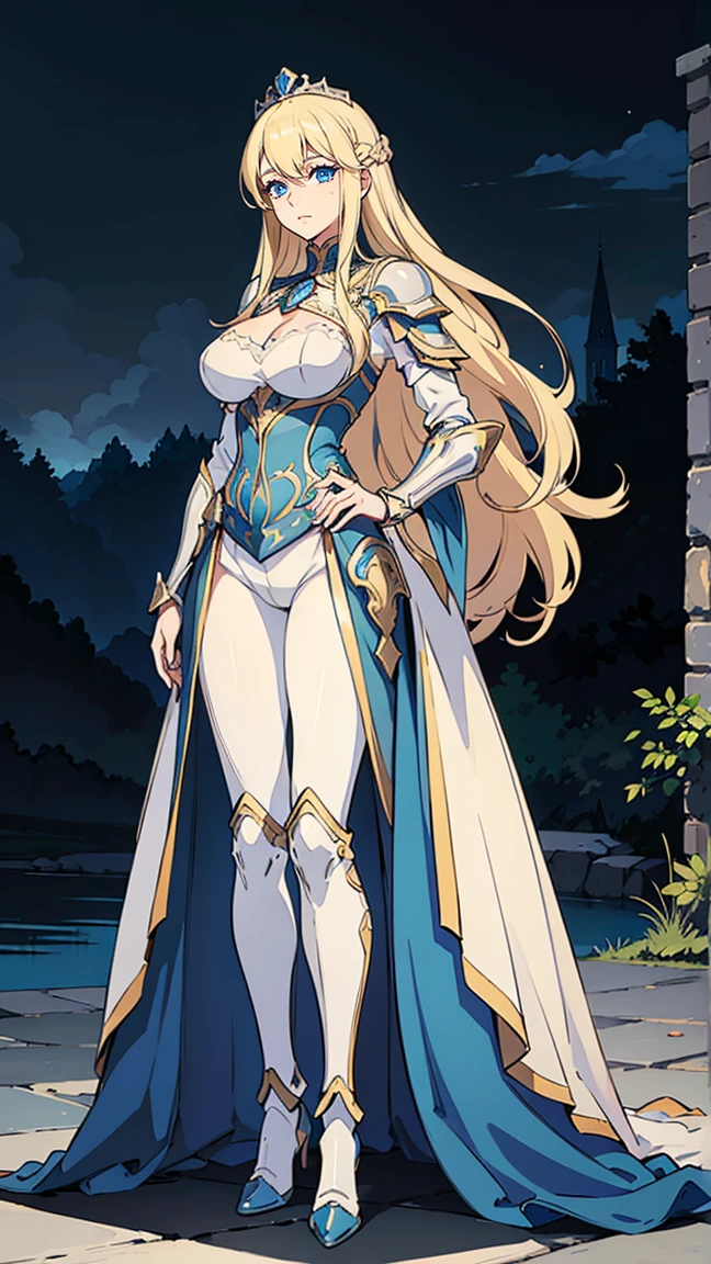 (masterpiece),((Highly detailed blonde long hair)),((expressive blue eyes)),Highly detailed armor,serious expression,mature woman,milf,beautiful castle at night,pale white skin,best quality,cel shading, best quality, fullbody view