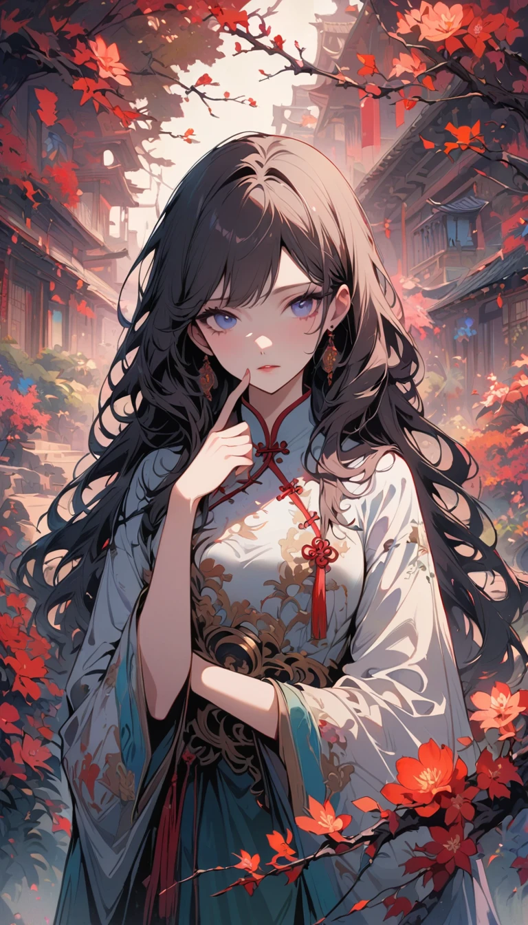 masterpiece,Extremely detailed ofCG unified 8k wallpaper,1 girl, beauty of, Actual, Blur of, Blur of_background, Blur of_prospect, branch, Brown_longhair, 梅flower, depth_of_site, earrings, flower, jewelry, nose, Actual, Alone of,Chinese clothes,Finger hidden, weapon concealment, only wear