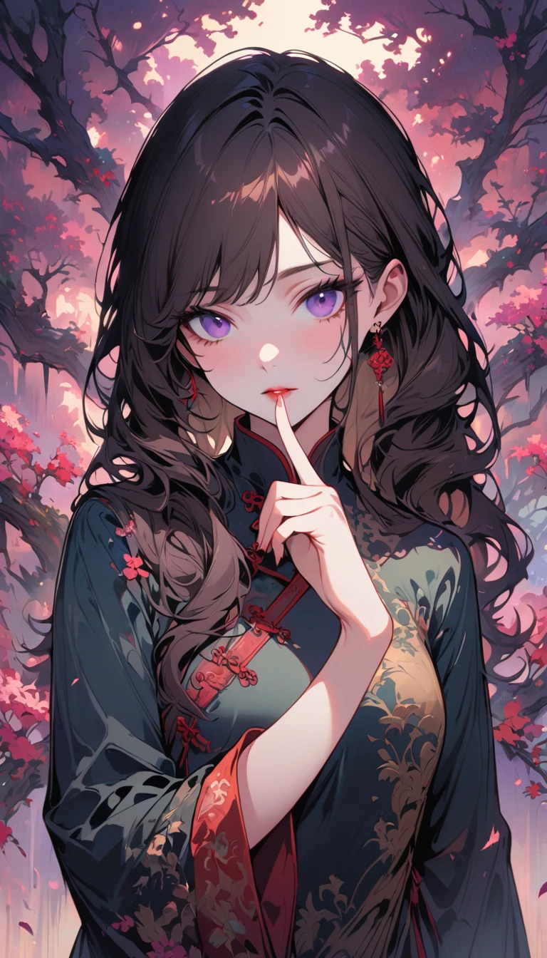 masterpiece,Extremely detailed ofCG unified 8k wallpaper,1 girl, beauty of, Actual, Blur of, Blur of_background, Blur of_prospect, branch, Brown_longhair, 梅flower, depth_of_site, earrings, flower, jewelry, nose, Actual, Alone of,Chinese clothes,Finger hidden, weapon concealment, only wear