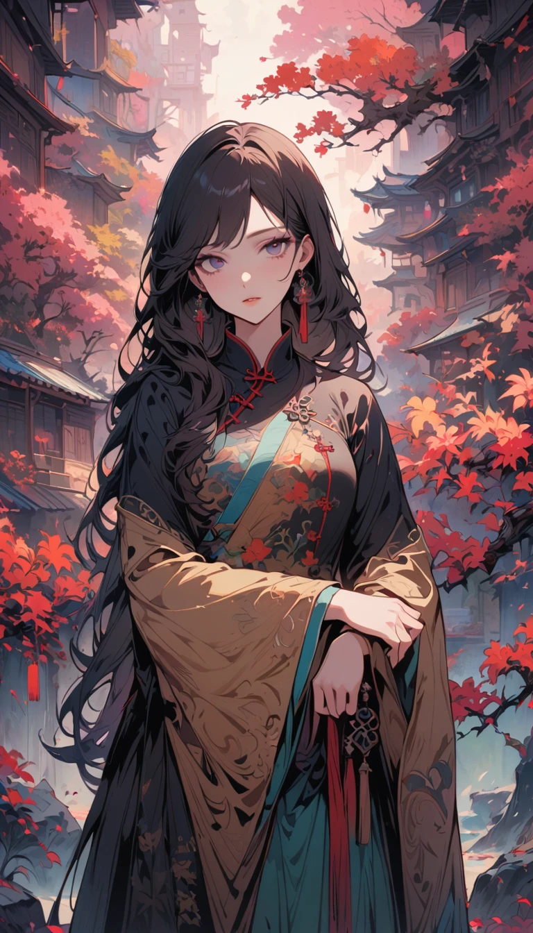 masterpiece,Extremely detailed ofCG unified 8k wallpaper,1 girl, beauty of, Actual, Blur of, Blur of_background, Blur of_prospect, branch, Brown_longhair, 梅flower, depth_of_site, earrings, flower, jewelry, nose, Actual, Alone of,Chinese clothes,Finger hidden, weapon concealment, only wear