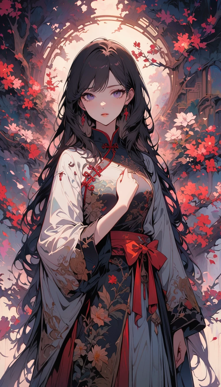 masterpiece,Extremely detailed ofCG unified 8k wallpaper,1 girl, beauty of, Actual, Blur of, Blur of_background, Blur of_prospect, branch, Brown_longhair, 梅flower, depth_of_site, earrings, flower, jewelry, nose, Actual, Alone of,Chinese clothes,Finger hidden, weapon concealment, only wear